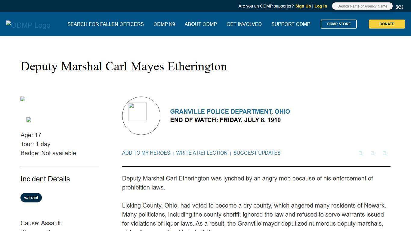 Deputy Marshal Carl Mayes Etherington, Granville Police Department, Ohio